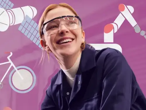 Affiche de la semaine de l'industrie avec une fille avec des lunettes de chantier riant